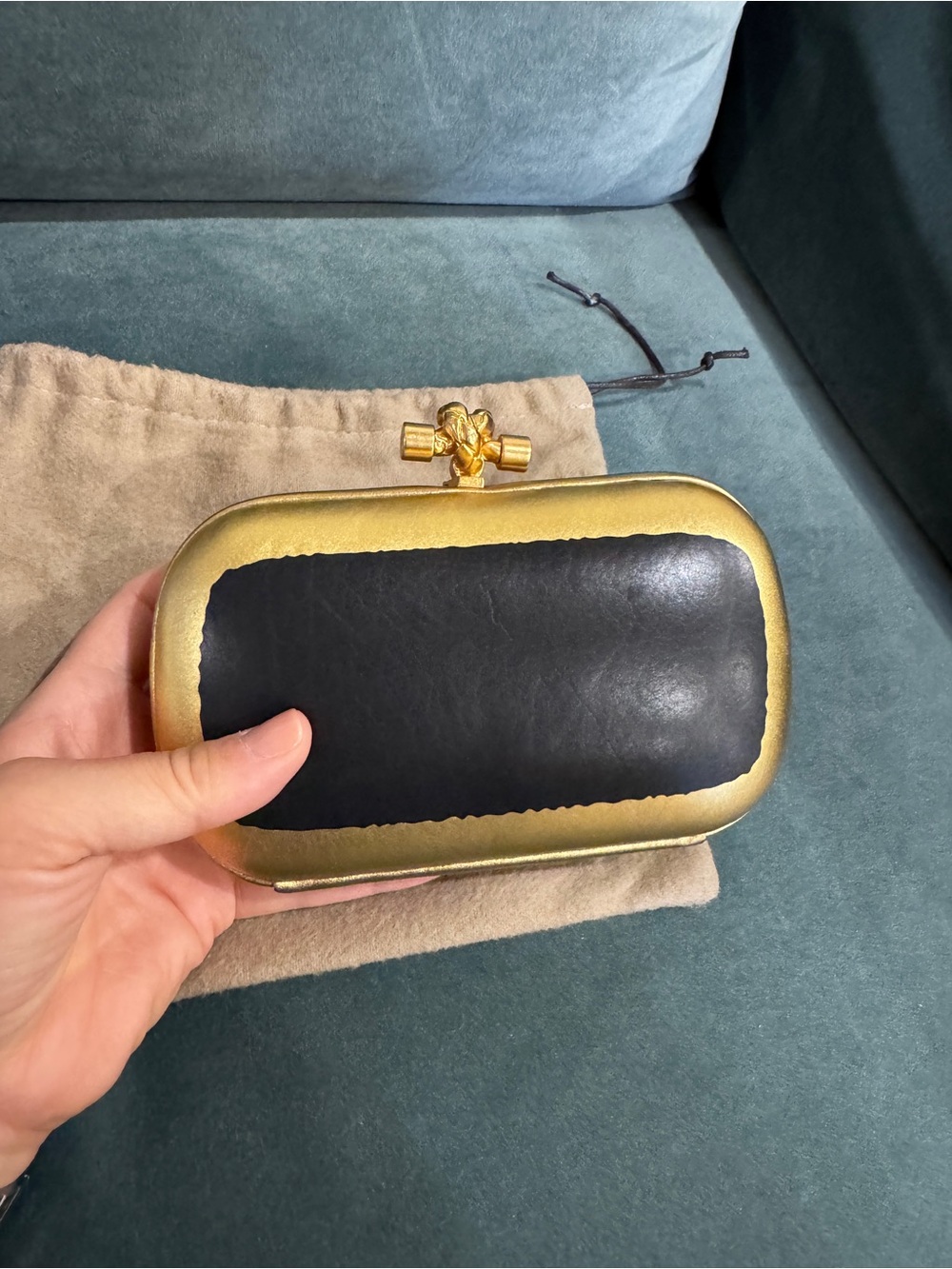 Vintage Bottega Veneta Black and Gold Leather Knot Clutch